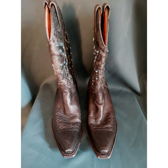 Frye Daisy Duke Cowboy Bronze Leather Mid Calf Embellished Boots Size 7.5 M - Picture 2 of 10